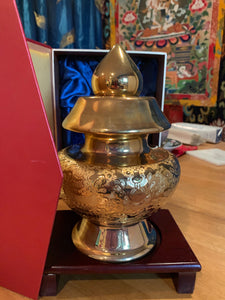 Tibetan Treasure Vase - Auspicious Gold Symbol Prosperity Vase and display box